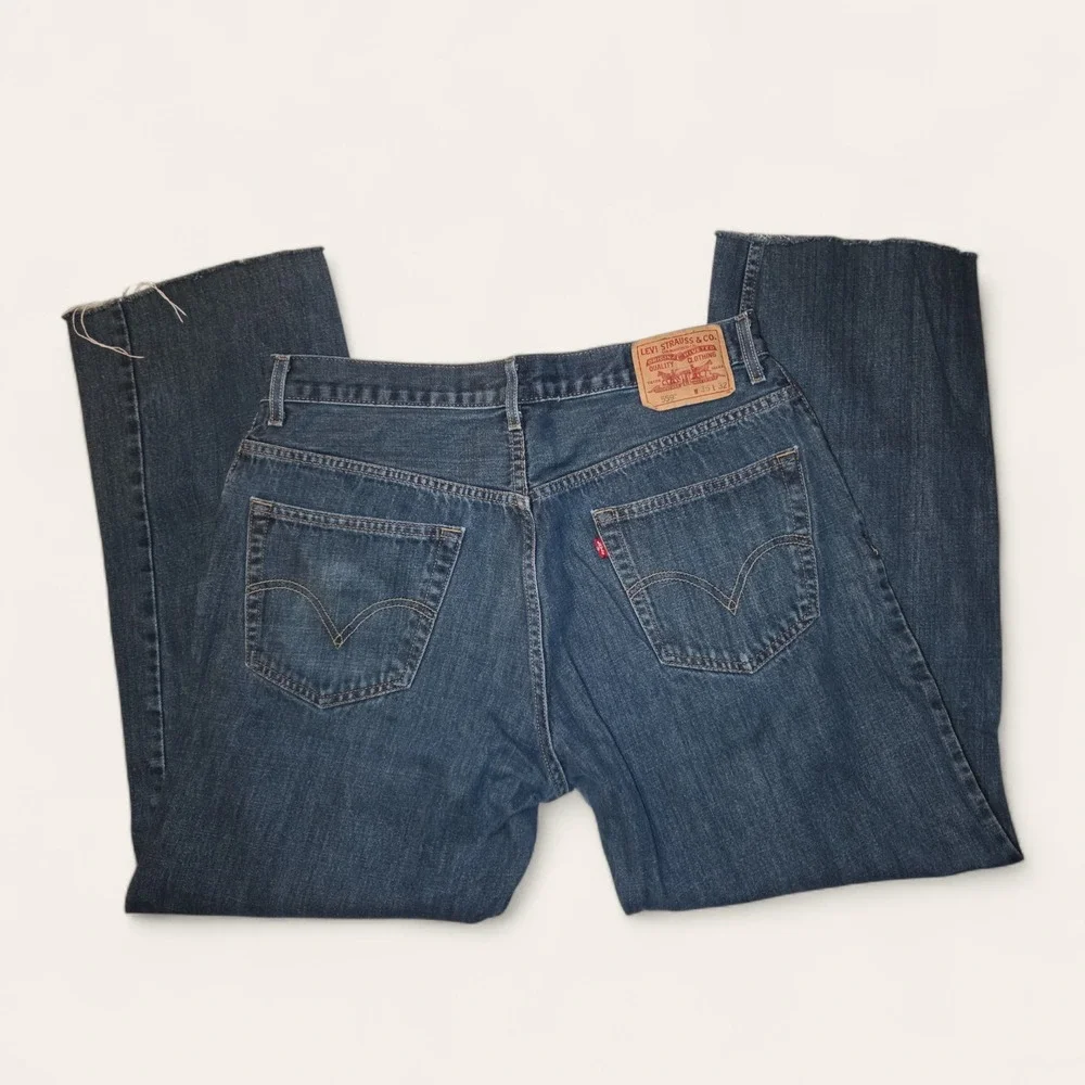 Levis 559 Relaxed‎ Straight Jeans Mens 36x29 Dark Wash Denim Raw Hem Cutoff